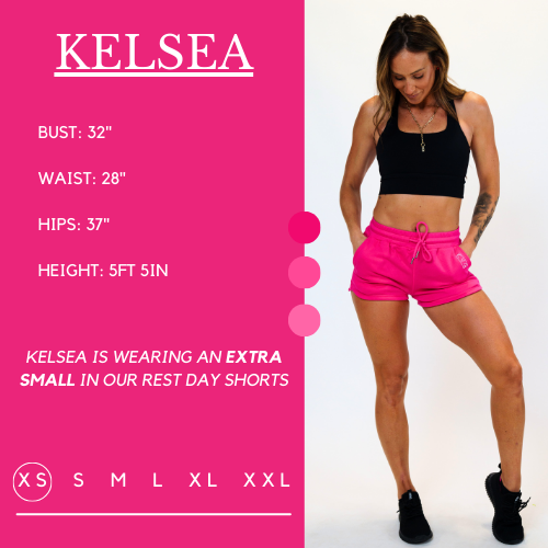 Model’s measurements of 32” bust, 28” waist, 37” hips and height of 5 ft 5 inches. She is wearing a size extra small in these shorts