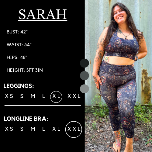 Model’s measurements of 46” bust, 38” waist, 51” hips and height of 5 ft 3 inches. She is wearing a size extra large in our leggings