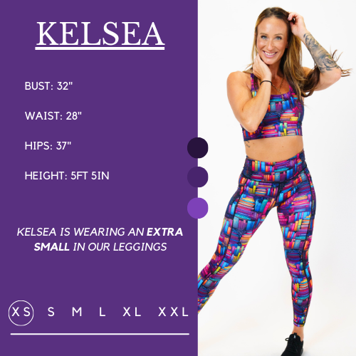 Model’s measurements of 32” bust, 28” waist, 37” hips and height of 5 ft 5 inches. She is wearing a size extra small in our leggings