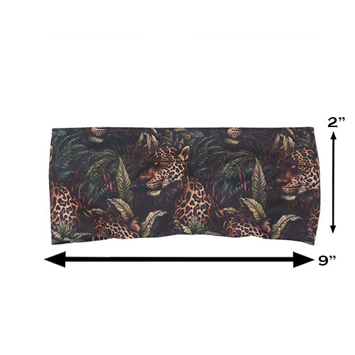 leopard and leaves patterned headband measured at 2 by 9 inches