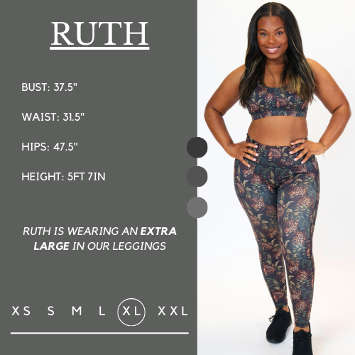 Model’s measurements of 37.5” bust, 31.5” waist, 47.5” hips and height of 5 ft 7 inches. She is wearing a size extra large in our leggings