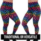 image showing both the traditional and versatile cut of the rainbow checkers leggings