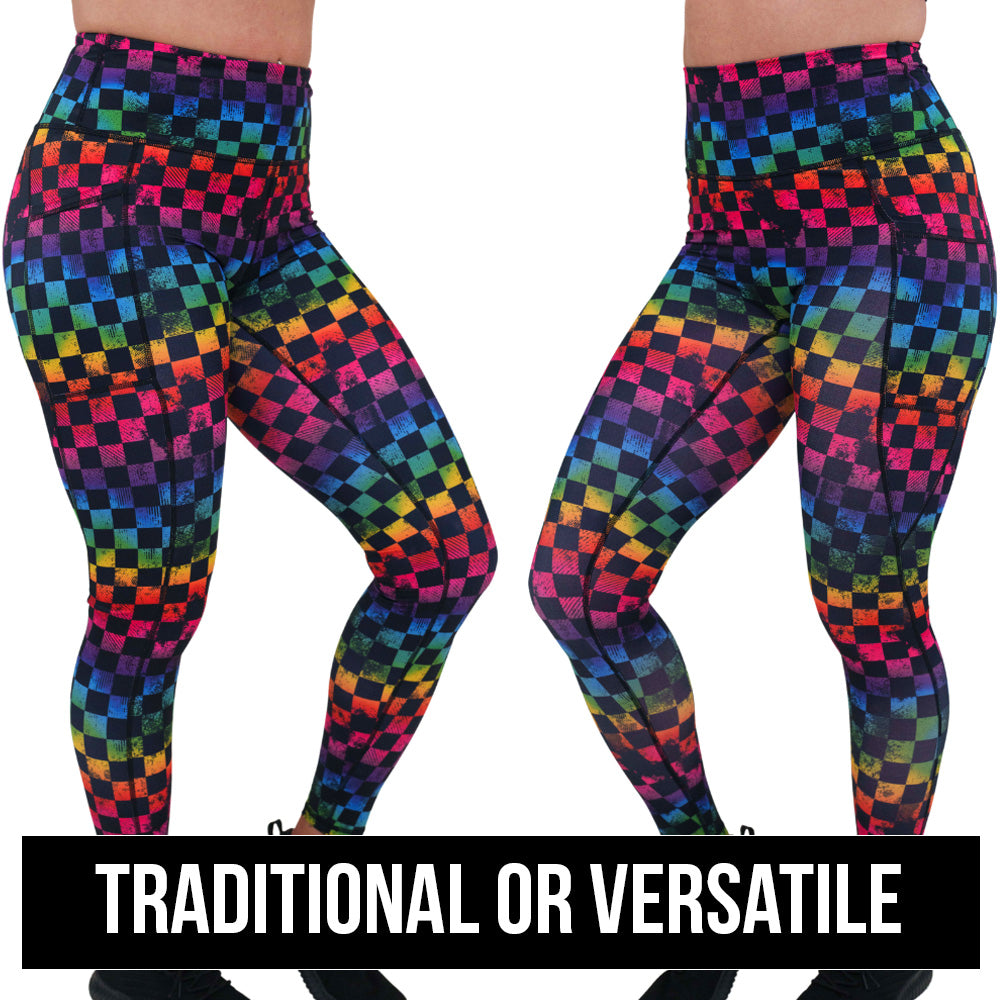 image showing both the traditional and versatile cut of the rainbow checkers leggings