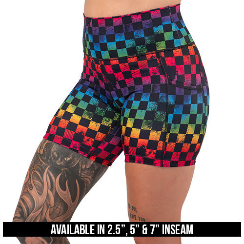 rainbow checkers shorts available in 2.5, 5 & 7 inch inseams