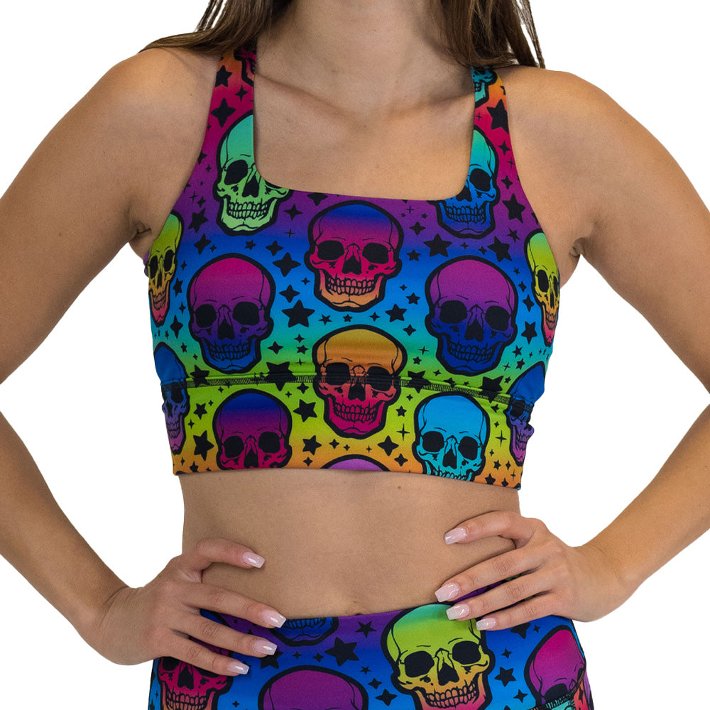 rainbow skulls patterned sports bra