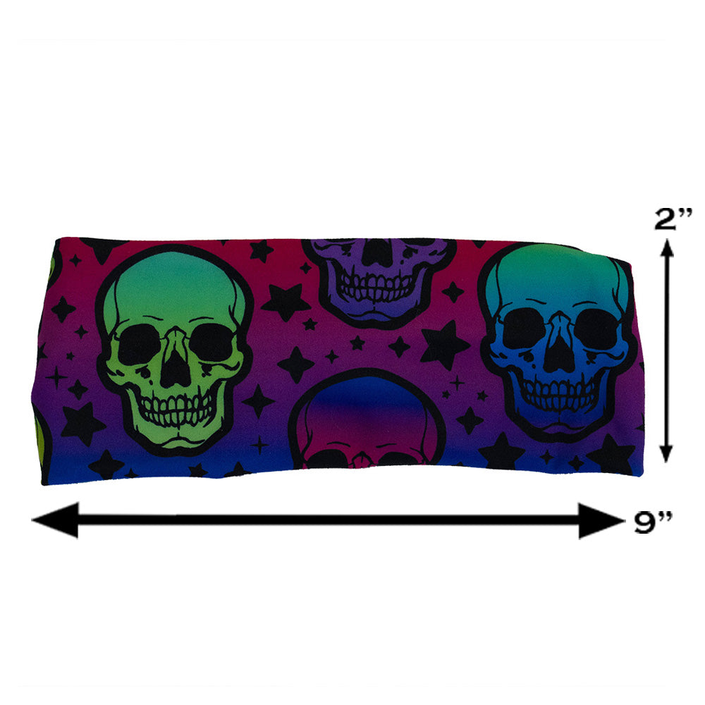 rainbow skulls patterned headband measured at 2 by 9 inches