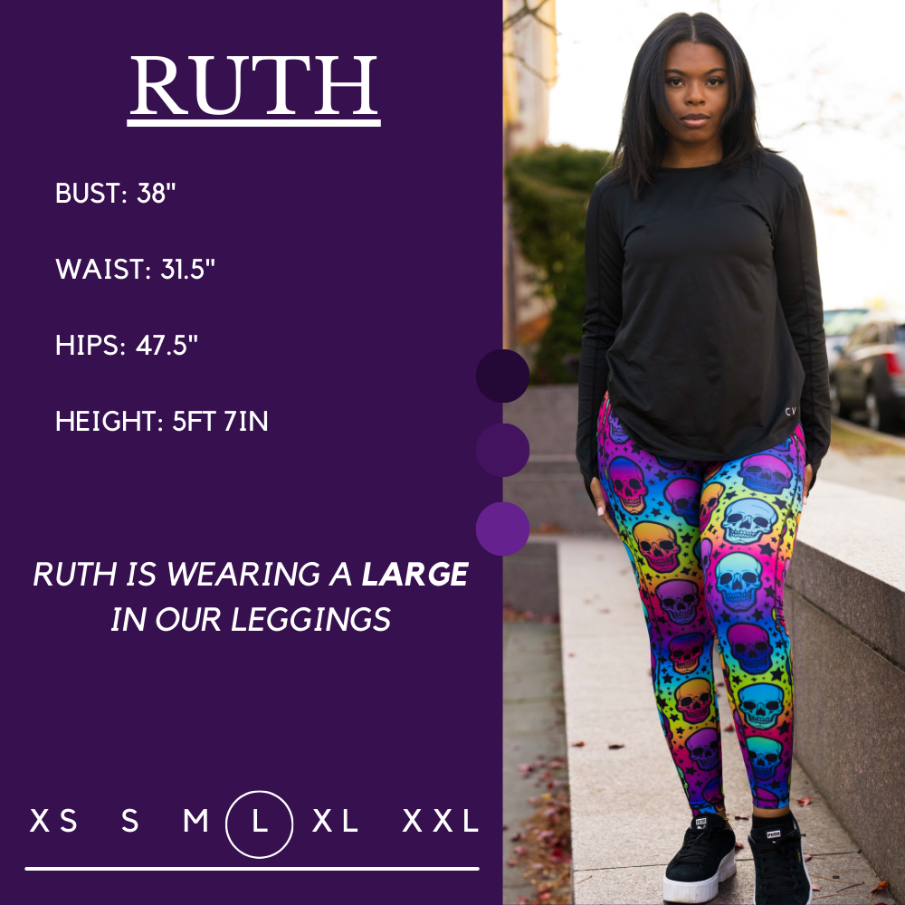 Model’s measurements of 38” bust, 31.5” waist, 47.5” hips and height of 5 ft 7 inches. She is wearing a size large in our leggings