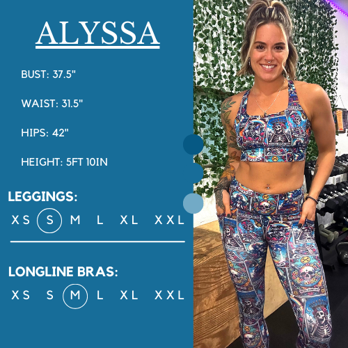 Model’s measurements of 37.5” bust, 31.5” waist, 42” hips and height of 5 ft 10 inches. She is wearing a size small in our leggings and a medium in our longline bras