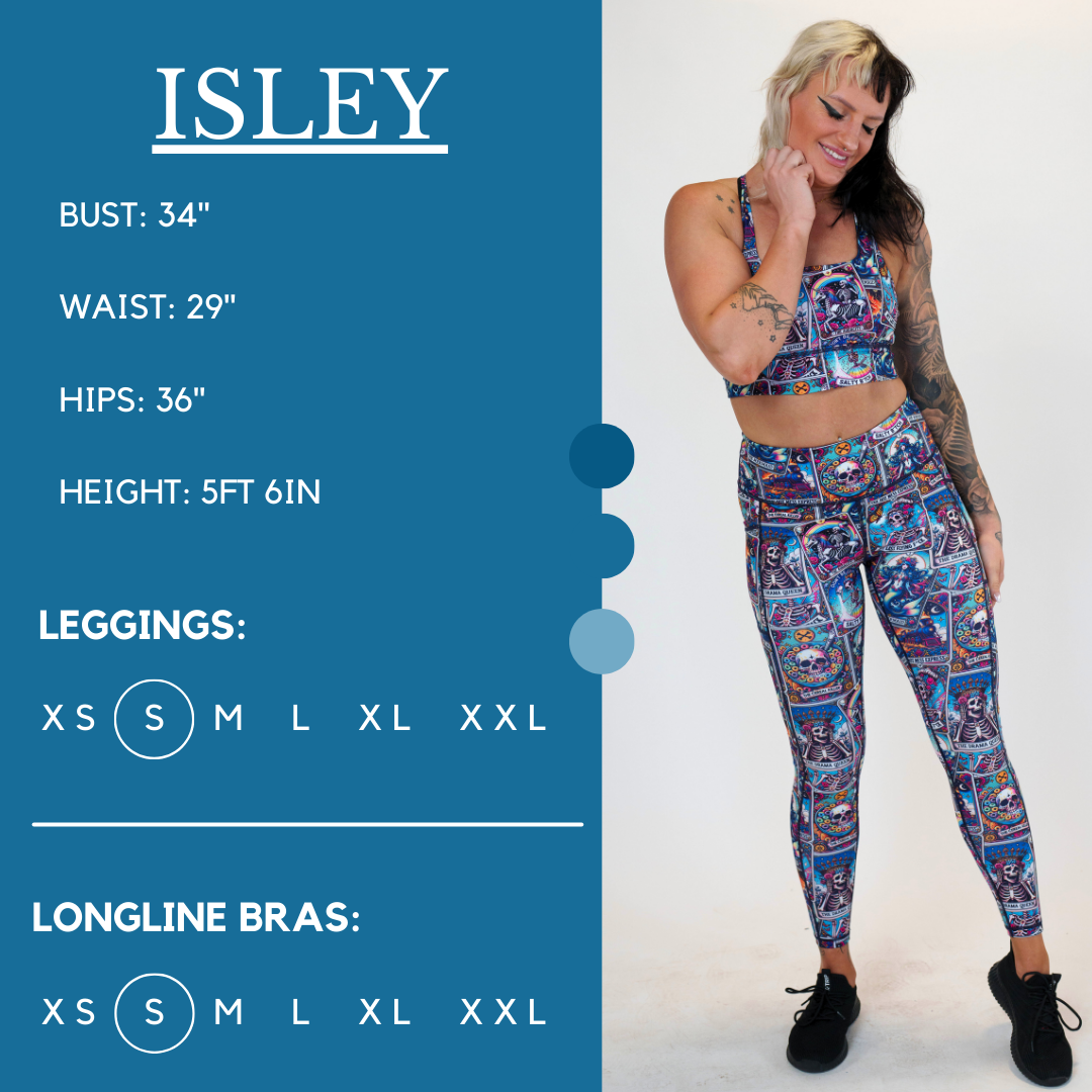 Model’s measurements of 34” bust, 29” waist, 36” hips and height of 5 ft 6 inches. She is wearing a size small in our leggings