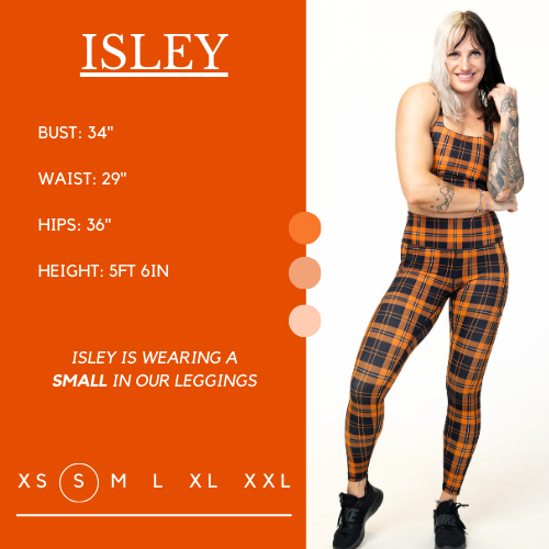 Model’s measurements of 32” bust, 29” waist, 36” hips and height of 5 ft 6 inches. She is wearing a size small in our leggings