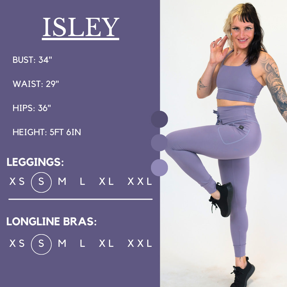 Model’s measurements of 34” bust, 29” waist, 36” hips and height of 5 ft 6 inches. She is wearing a size small in our leggings