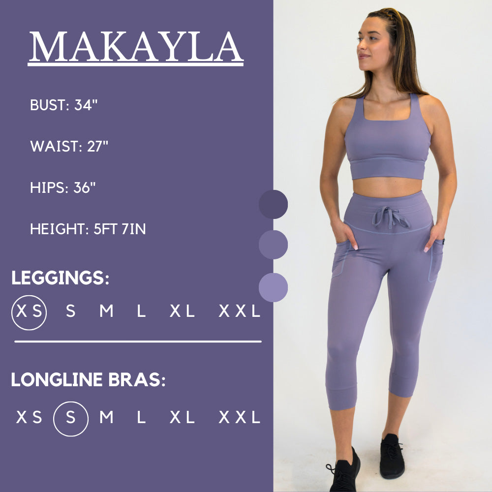 Model’s measurements of 34” bust, 27” waist, 36” hips and height of 5 ft 7 in. She is wearing a size x-small in our leggings