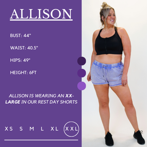 Model's measurements of 45 inch bust, 40.5 inch waist, 51 inch hips, and height of 6 foot. She is wearing a size double extra large in these shorts