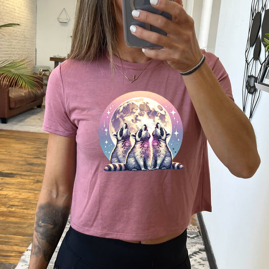 mauve cropped tee with a raccoon and moon graphic on it