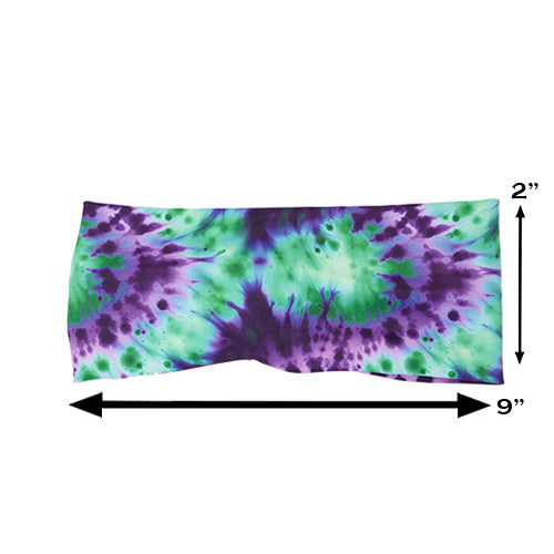 purple and green tie dye headband measured at 2 by 9 inches