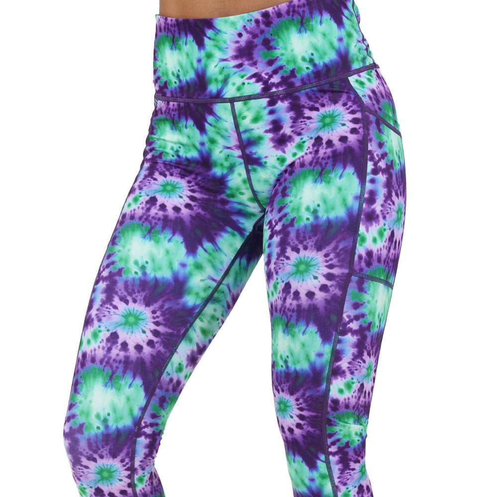 purple and green tie dye leggings