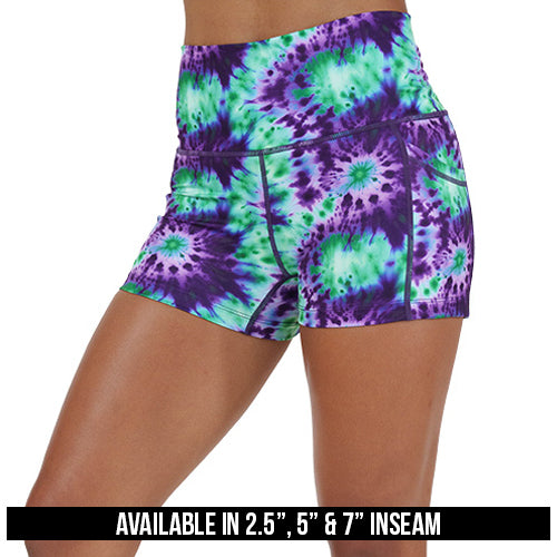 purple and green tie dye shorts available inseams