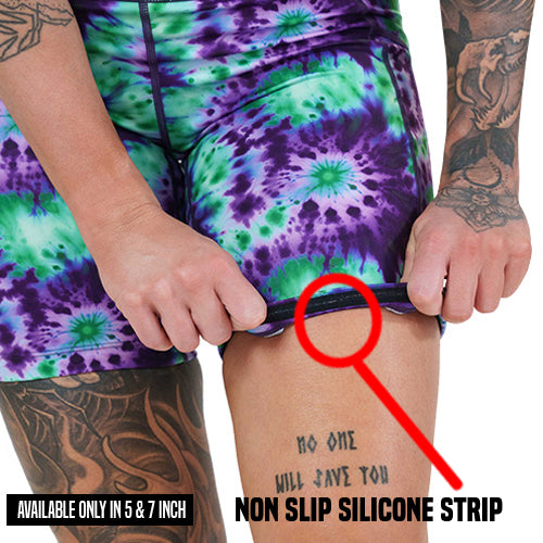 non slip strip on the purple and green tie dye shorts