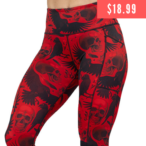 $18.99 red and black raven and skull print leggings