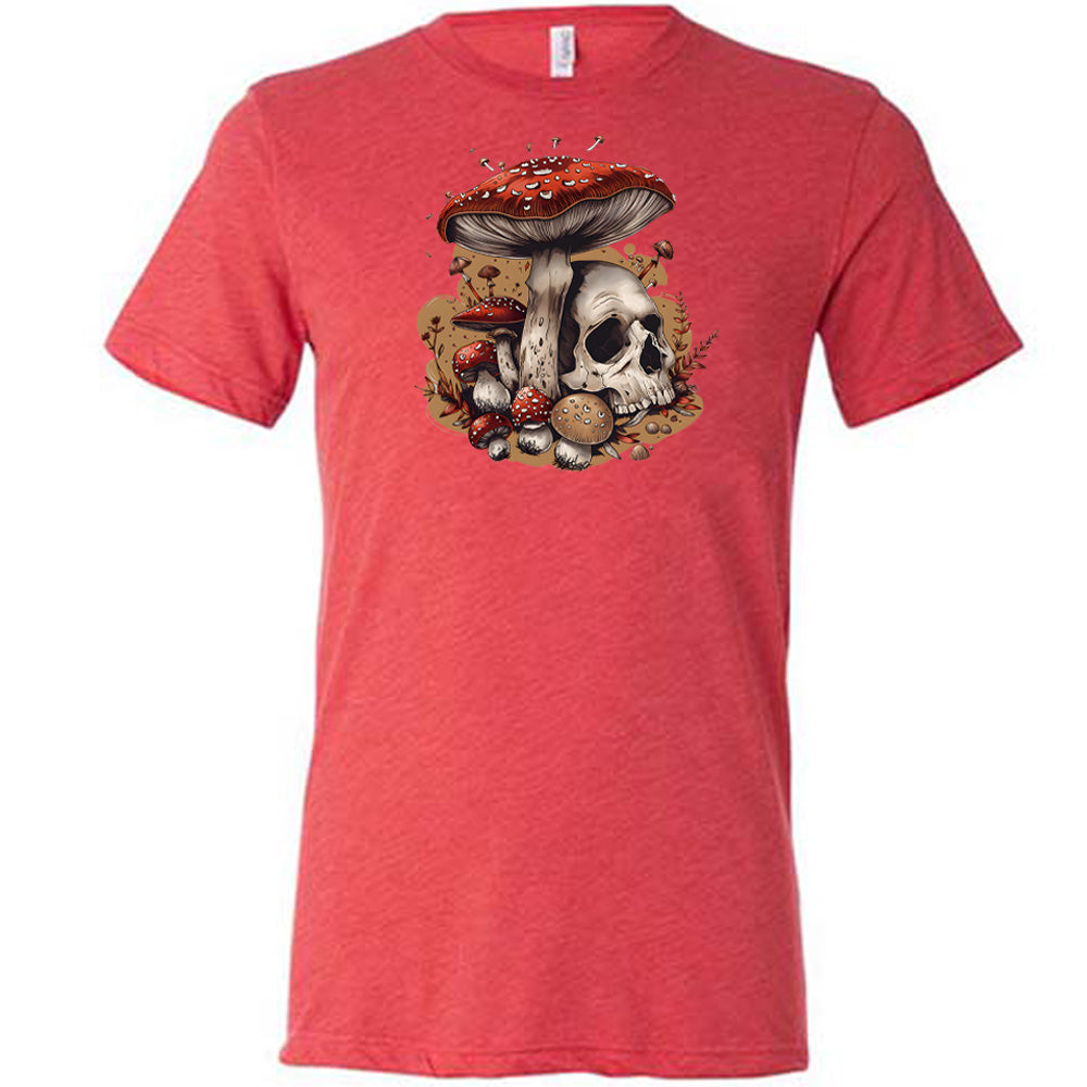 red shirt with a mushroom skull graphic in the middle