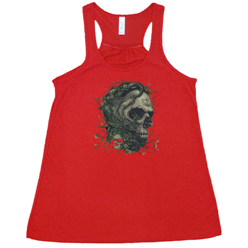 red shirt with a tree skull graphic in the middle