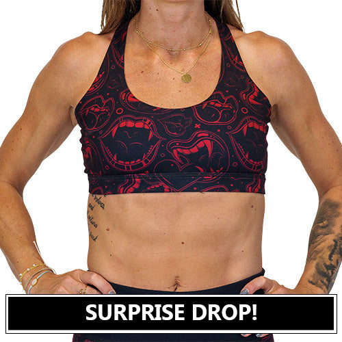 red and black vampire themed sports bra surprise drop