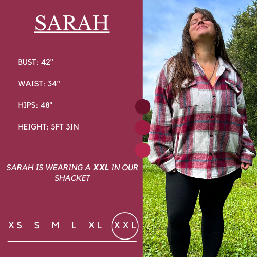 Model’s measurements of 46” bust, 38” waist, 51” hips and height of 5 ft 3 inches. She is wearing a size xxl in our shacket