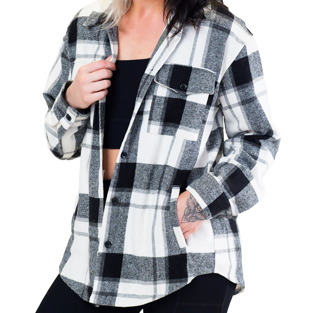 model wearing the black plaid shacket