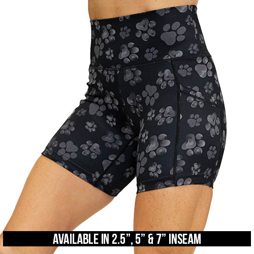 paw print shorts available in 2.5, 5 and 7 inch inseam