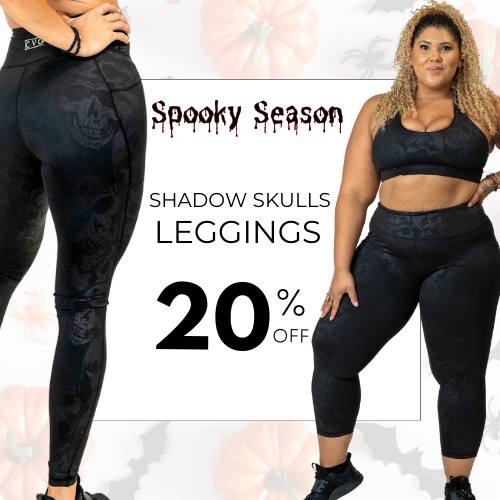 close up photo of model wearing the shadow skulls leggings. With the text "20% OFF" over the image