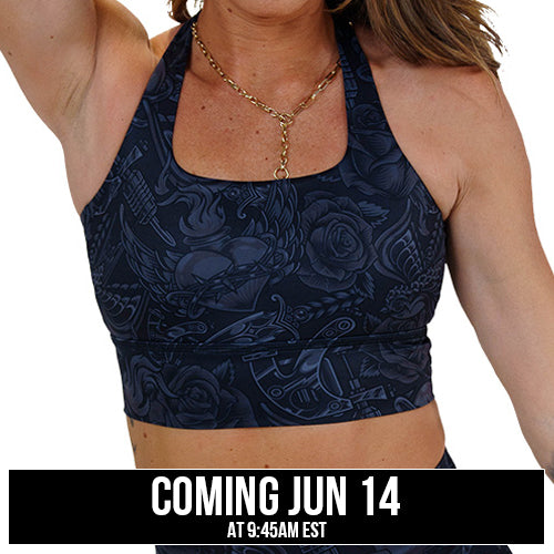 black and grey traditional tattoo design patterned sports bra coming soon