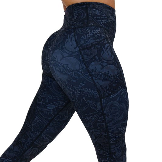 black and grey traditional tattoo design patterned leggings