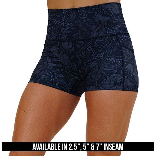 black and grey traditional tattoo design patterned shorts available in 2.5, 5 & 7 inch inseams