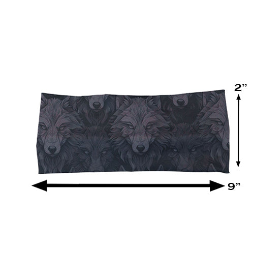 black and grey wolves patterned headband measured at 2 by 9 inches