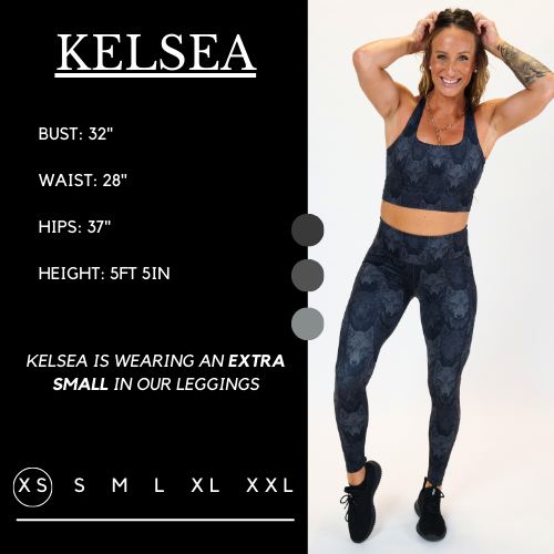 Model’s measurements of 32” bust, 28” waist, 37” hips and height of 5 ft 5 inches. She is wearing a size extra small in our leggings