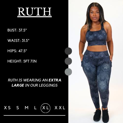 Model’s measurements of 37.5” bust, 31.5” waist, 47.5” hips and height of 5 ft 7 inches. She is wearing a size extra large in our leggings