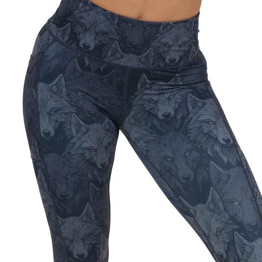 black and grey wolves patterned leggings