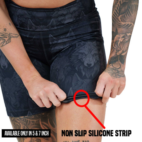 non slip strip on the black and grey wolves patterned shorts