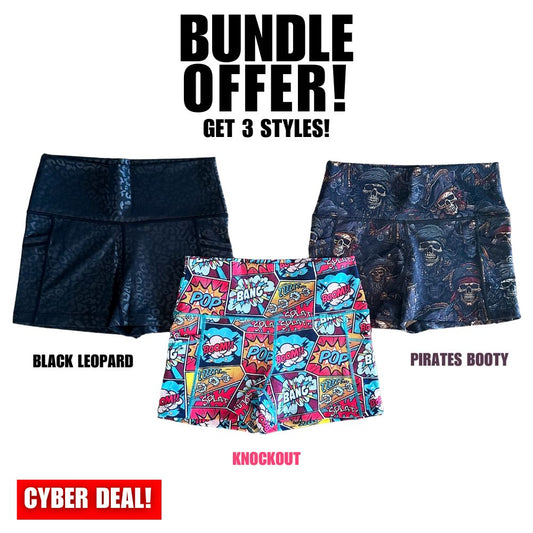 shorts bundle with the Black Leopard, Pirates Booty & Knockout shorts included