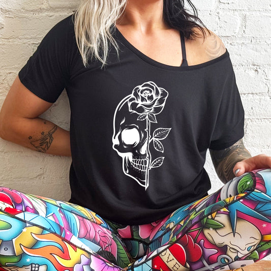 model wearing the Skull Rose Slouchy Tee