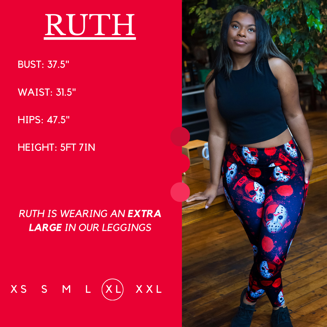 Model’s measurements of 37.5” bust, 31.5” waist, 47.5” hips and height of 5 ft 7 inches. She is wearing a size extra large in our leggings