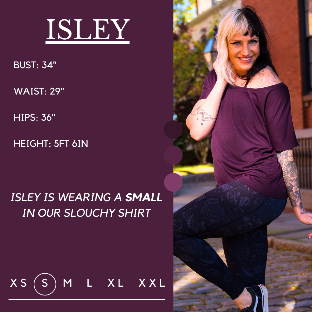 Model’s measurements of 34” bust, 29” waist, 36” hips and height of 5 ft 6 in. She is wearing a size small in our slouchy tee