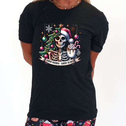 black shirt with the text "Sorta Merry Sorta Scary" and a skull graphic on it