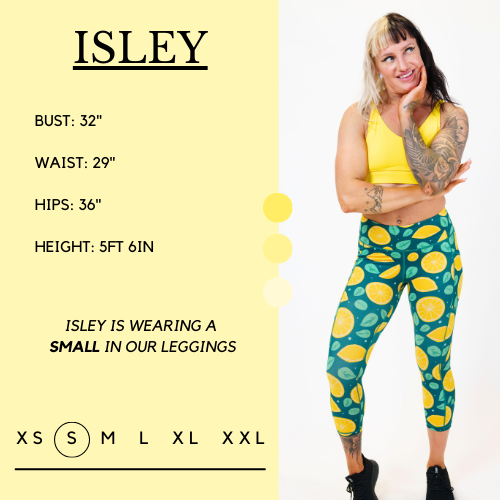 Model’s measurements of 34” bust, 29” waist, 36” hips and height of 5 ft 6 inches. She is wearing a size small in our leggings