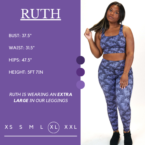 Model’s measurements of 37.5” bust, 31.5” waist, 47.5” hips and height of 5 ft 7 inches. She is wearing a size extra large in our leggings