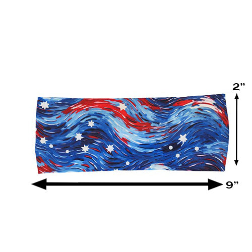 red, white and blue paint patterned headband measured at 2 by 9 inches