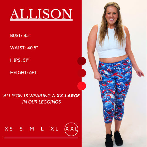 Model's measurements of 45 inch bust, 40.5 inch waist, 51 inch hips, and height of 6 foot. She is wearing a size double extra large in these leggings