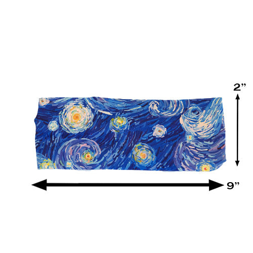 starry night patterned headband measured at 2 by 9 inches