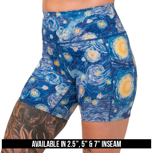 starry night patterned shorts available lengths