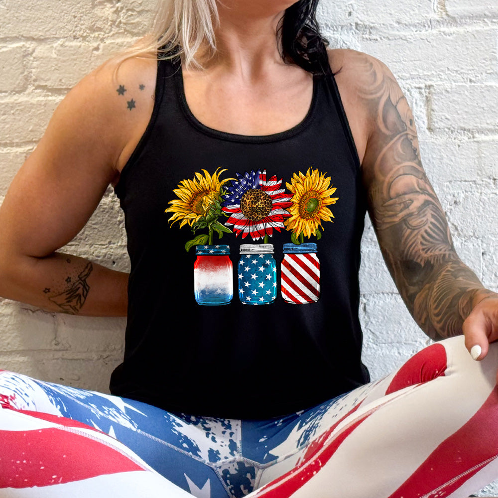 model wearing the black Sunflower Mason Jars Tank Top